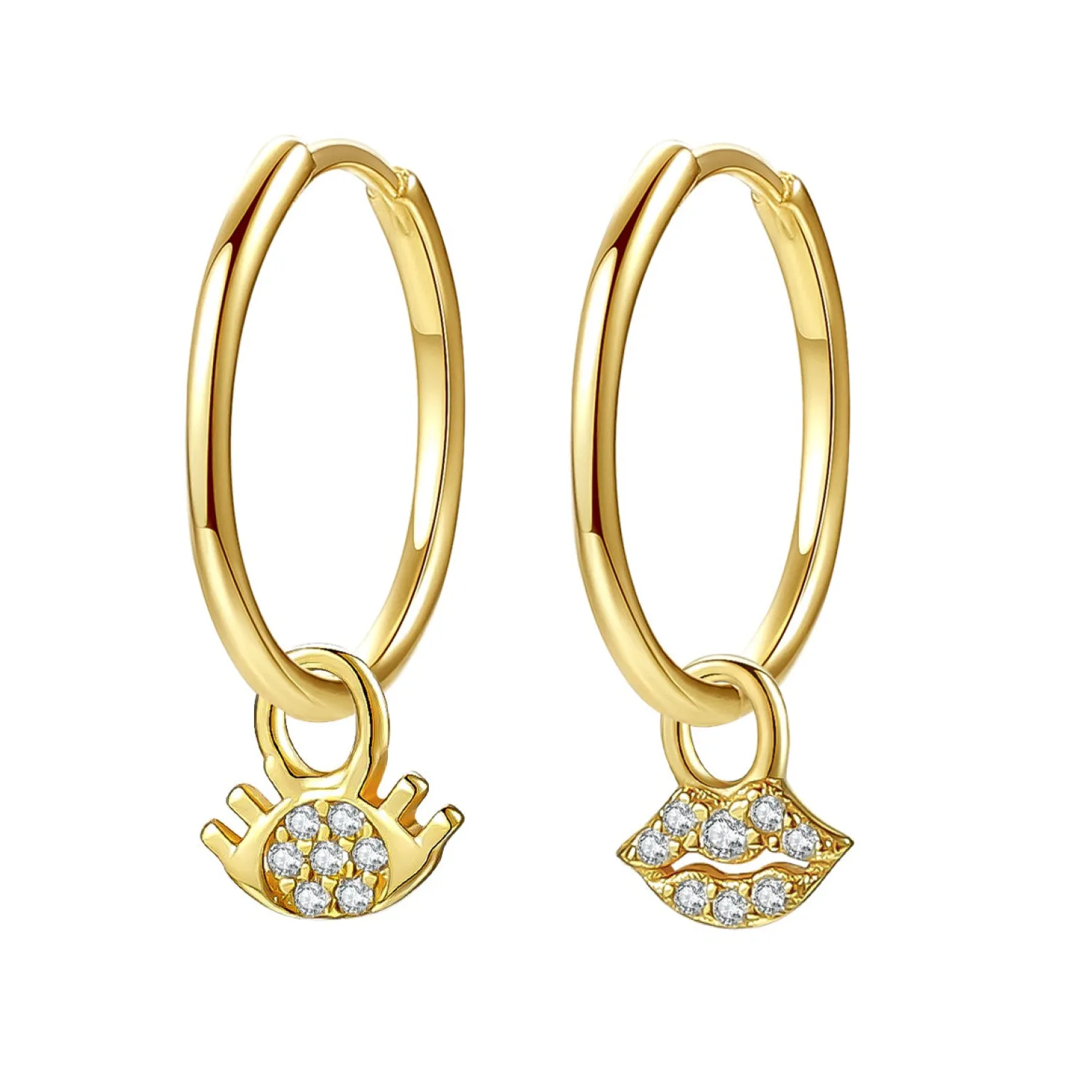 Creolen | Hey Happiness Augen und Lippen Charm Creolen aus Sterlingsilber in Gold