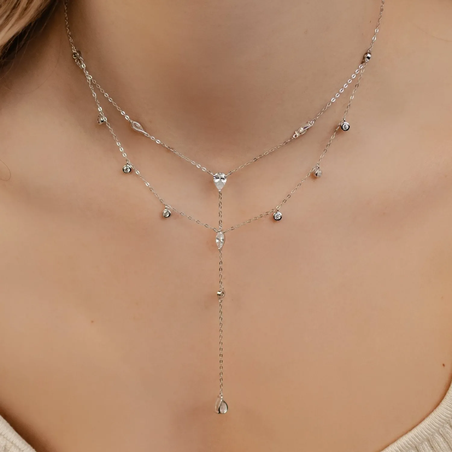 Filigrane Ketten | Hey Happiness Dazzle Double Chain Y Necklace Sterling Silver