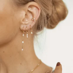 Perlenohrringe | Creolen | Hey Happiness Doppelte Perlen Charm Creolen Sterlingsilber in Goldfarbe