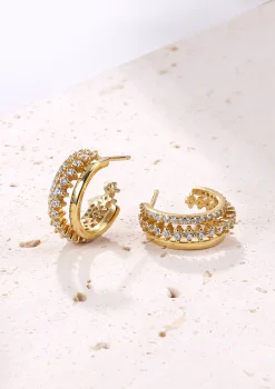 Creolen | Hey Happiness Fächerförmige Drei Bänder Creolen mit Schmucksteinen Sterlingsilber in Gold