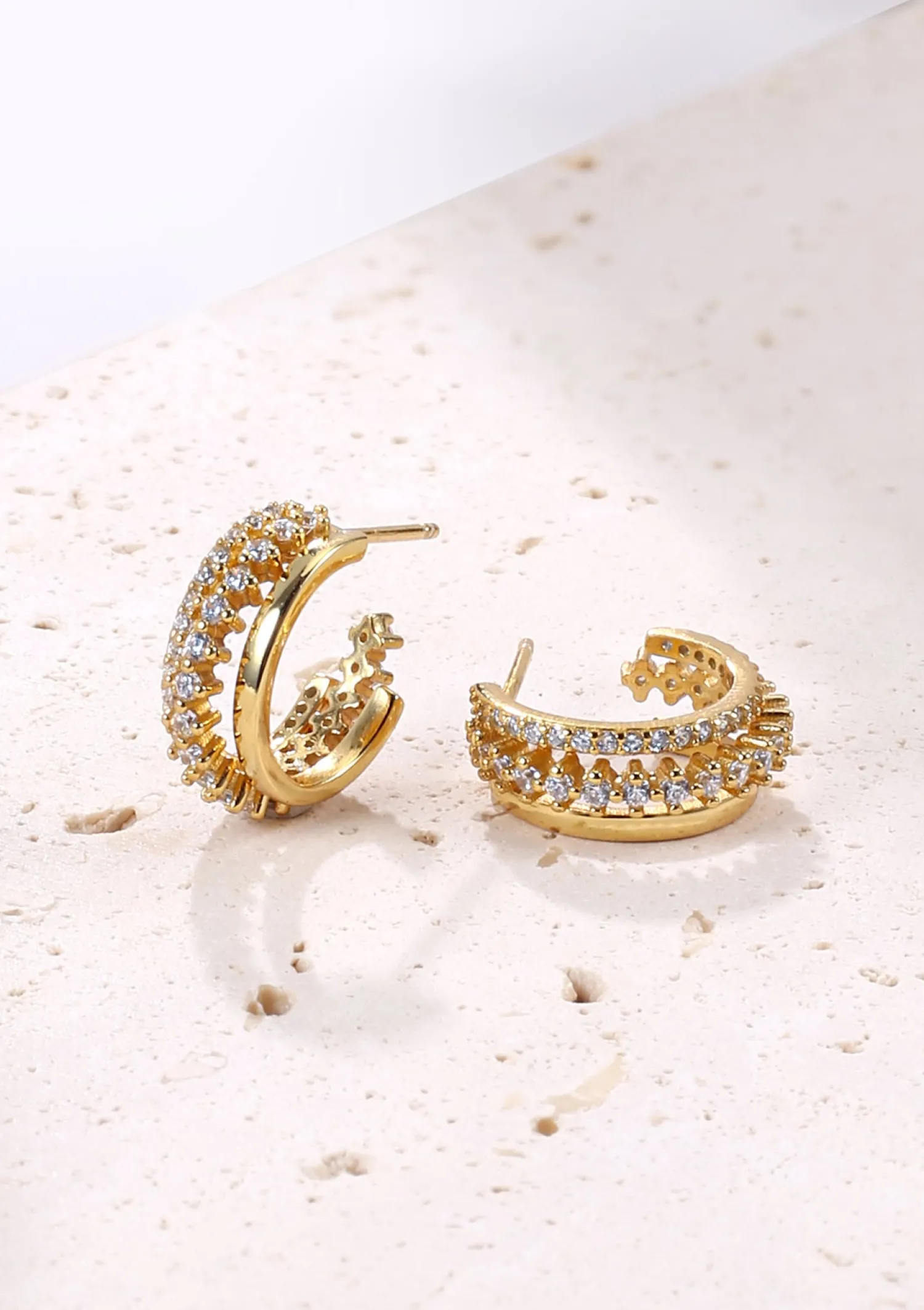 Creolen | Hey Happiness Fächerförmige Drei Bänder Creolen mit Schmucksteinen Sterlingsilber in Gold