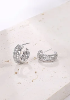 Creolen | Hey Happiness Fächerförmige Drei Bänder Creolen mit Schmucksteinen Sterlingsilber Silver