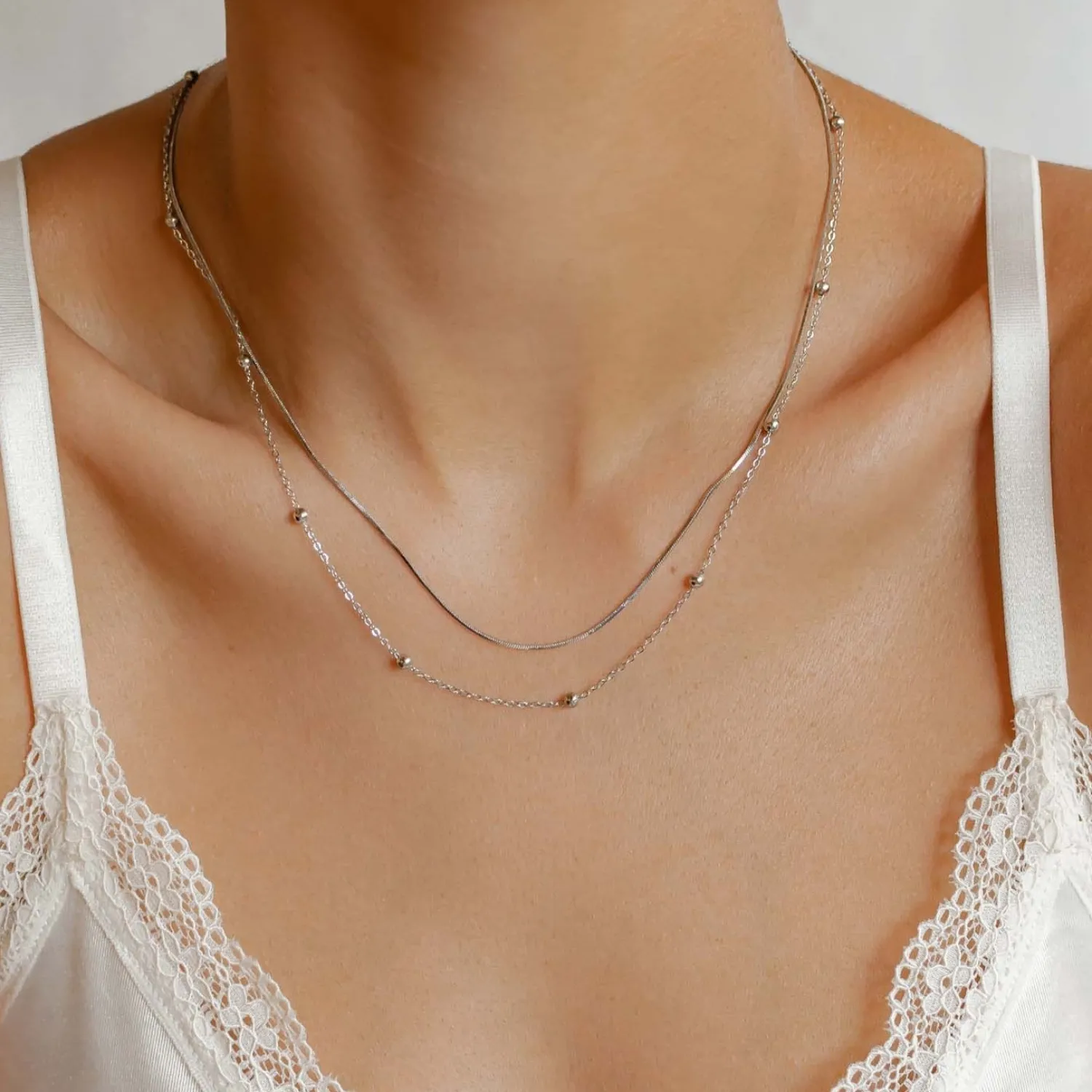 Filigrane Ketten | Hey Happiness Mehrreihige Kette Kügelchen Silber Silver
