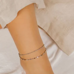 Fußkettchen | Hey Happiness Panzer und Satellite Zweireihige Fußkette Silber Silver
