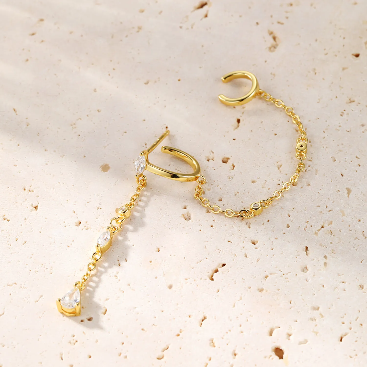 Ohrstecker | Hey Happiness Radiant Doppel Ear Cuff Ohrring mit Kette Sterlingsilber Gold