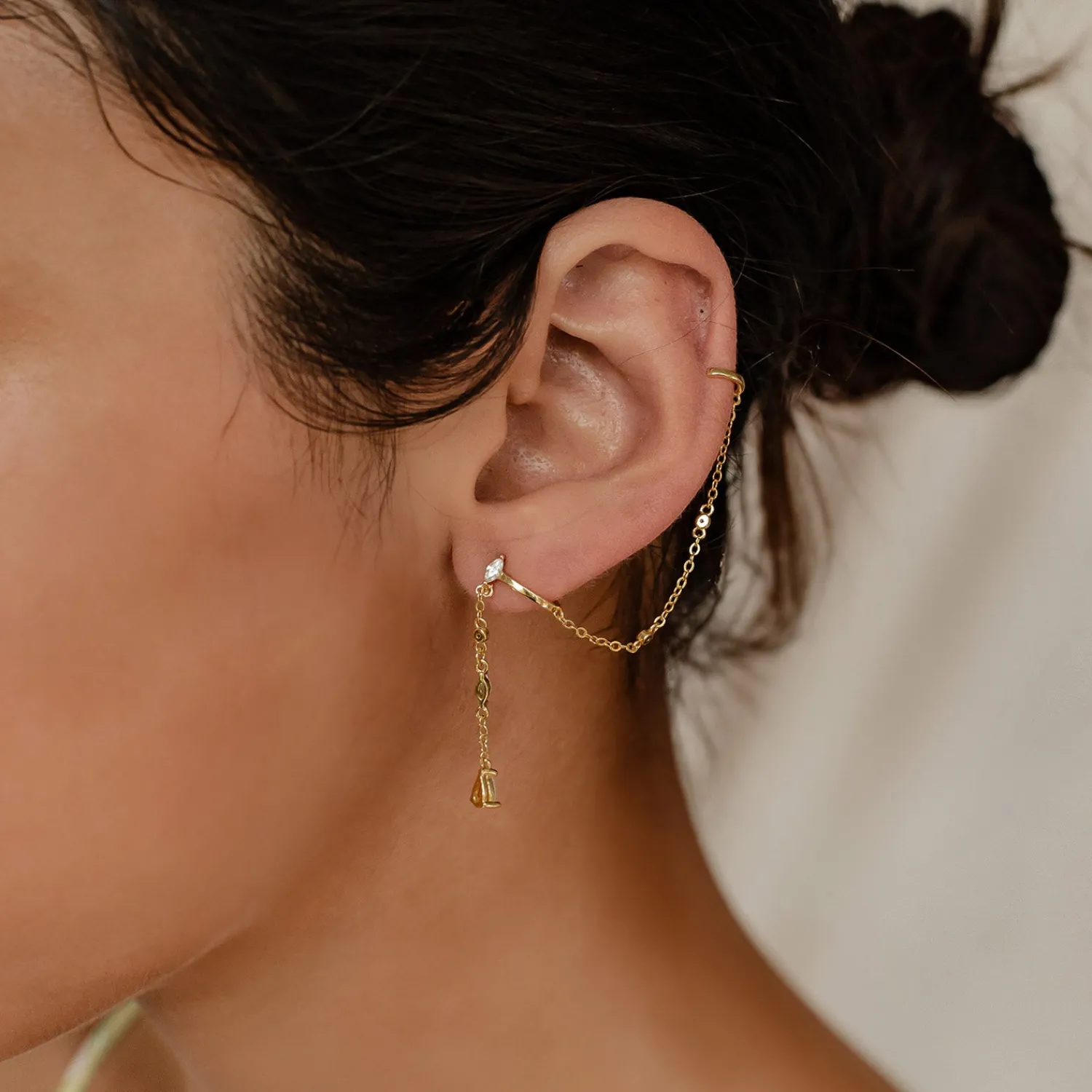 Ohrstecker | Hey Happiness Radiant Doppel Ear Cuff Ohrring mit Kette Sterlingsilber Gold